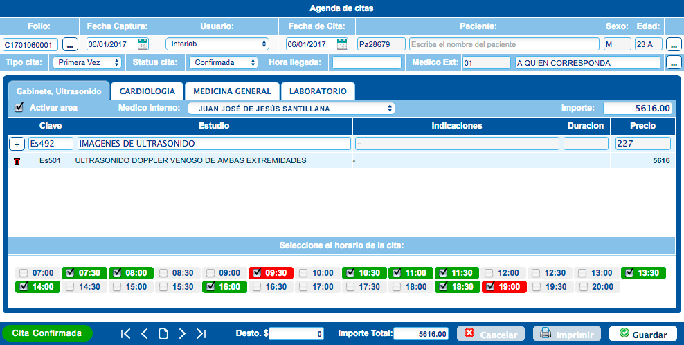 ejemplo de la Agenda de citas del software para laboratorios de patología Citopat