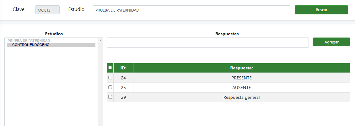 ejemplo de pantalla con catálogo de respuestas de Citopat software para laboratorios de patología