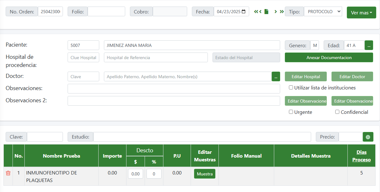 añade los estudios requeridos por el paciente con Citopat software para laboratorios de patología