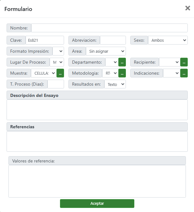 formulario para dar de alta los estudios realizados en el laboratorio con Citopat software para laboratorios de patología