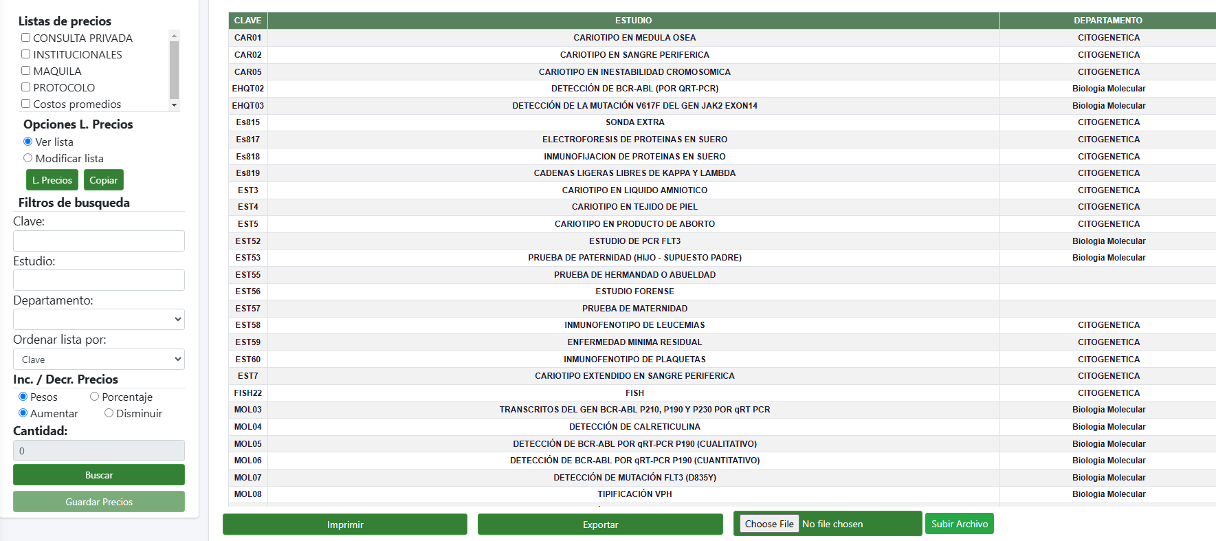 Listas de precios ilimitadas, modifica precios fácil y rápido con Citopat software para laboratorios de patología