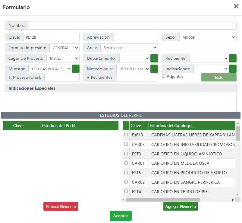 formulario para crear perfiles de estudios con Citopat software para laboratorios de patología