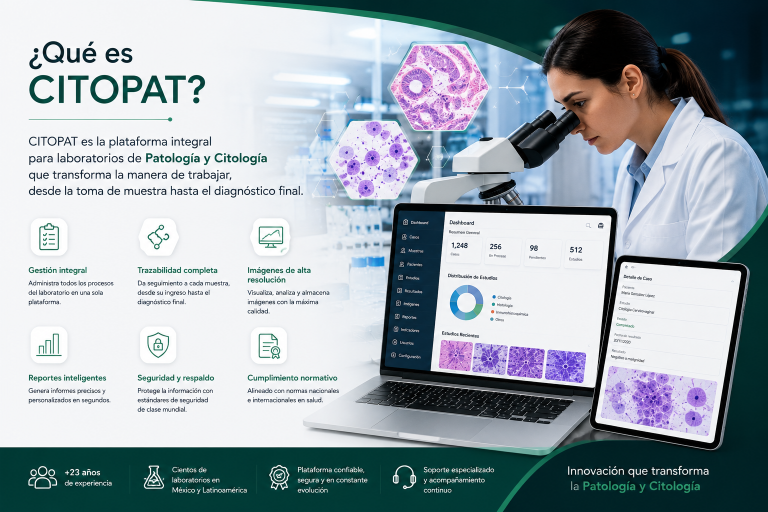 CITOPAT como plataforma empresarial para laboratorios de anatomía patológica y citología, con microscopía, trazabilidad, imágenes y gestión digital
