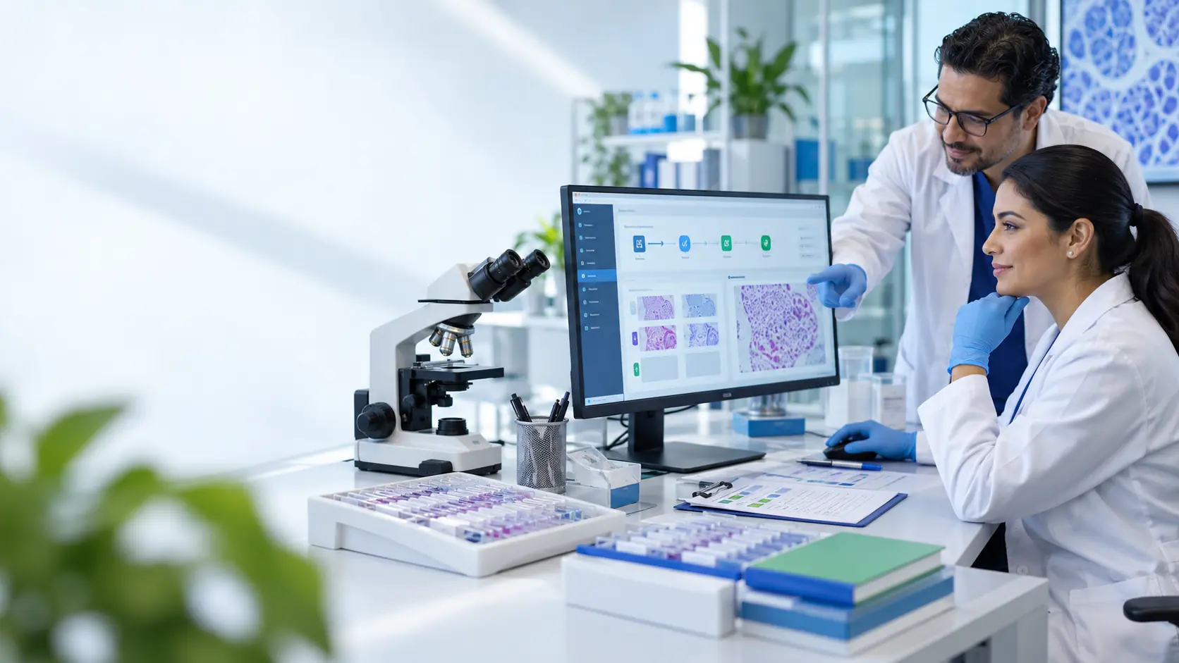Especialistas revisando un flujo digital organizado para laboratorio de patología